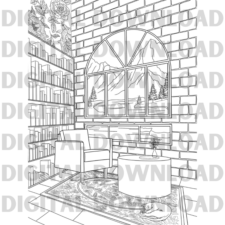DIGITAL DOWNLOAD - Home Library Coloring Page