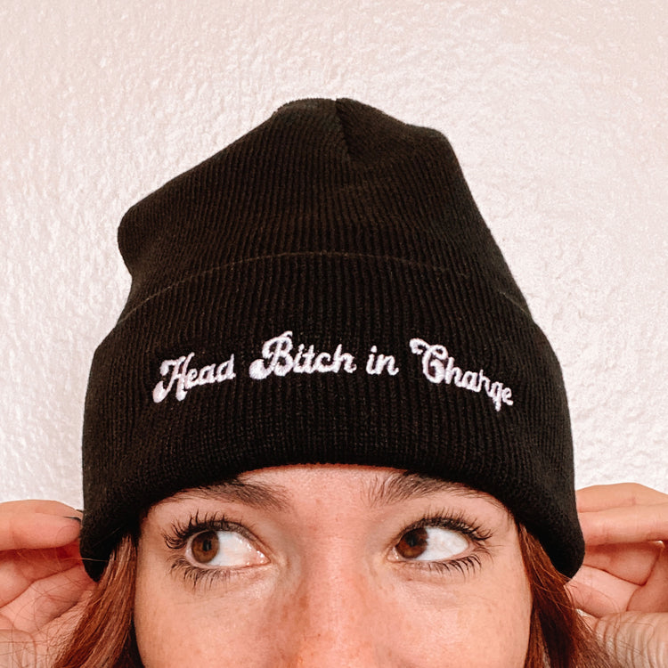 Black 12" cuffed beanie with the phrase "Head Bitch in Charge." Feminist beanie. Feminist Hat.